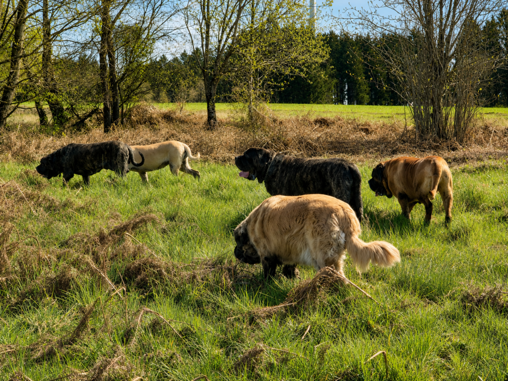 Mehrere English Mastiffs der Celtic Mountain Gang laufen gemeinsam über eine sonnige Wiese.