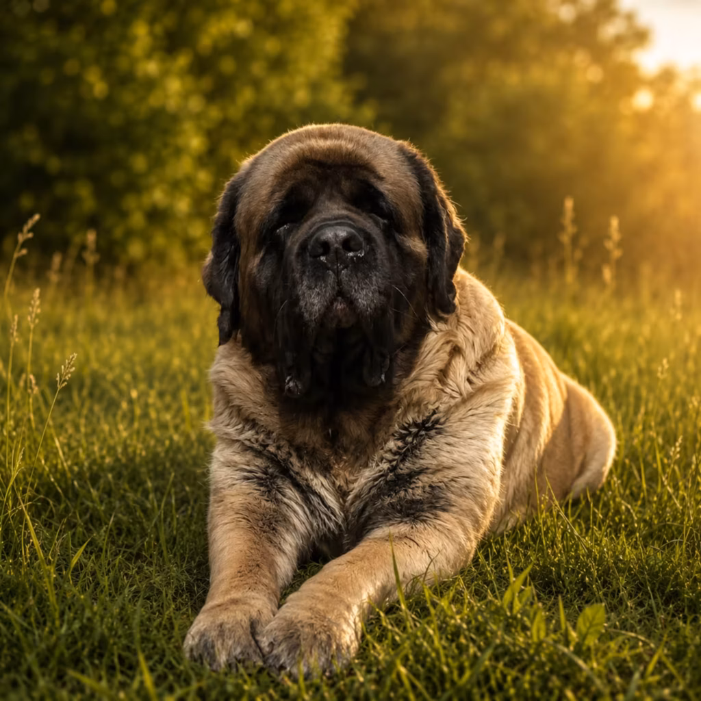 Die English-Mastiff-Hündin Holly liegt im warmen Abendlicht auf einer grünen Wiese.