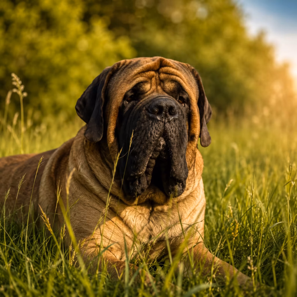 Der apricotfarbene English Mastiff Ingo liegt im warmen Abendlicht auf einer grünen Wiese.