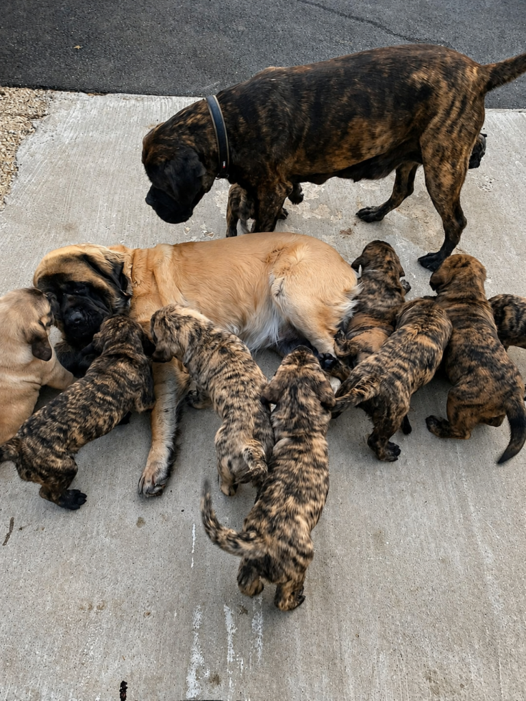 English-Mastiff-Hündin mit mehreren gestromten Welpen und weiteren erwachsenen Mastiffs