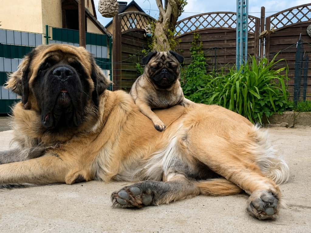 English-Mastiff-Hündin Holly liegt mit Mops Bärbel gemeinsam im Garten