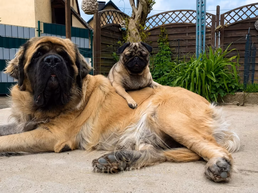 English-Mastiff-Hündin Holly liegt mit Mops Bärbel gemeinsam im Garten