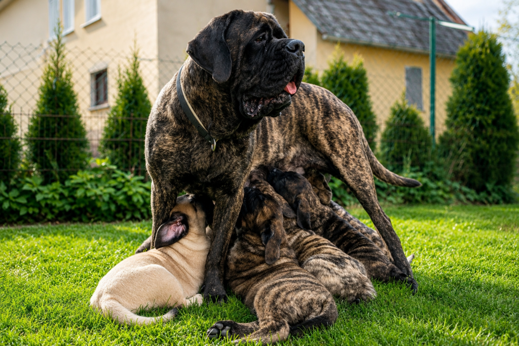 English Mastiff Mutterhündin mit ihren Welpen im Garten