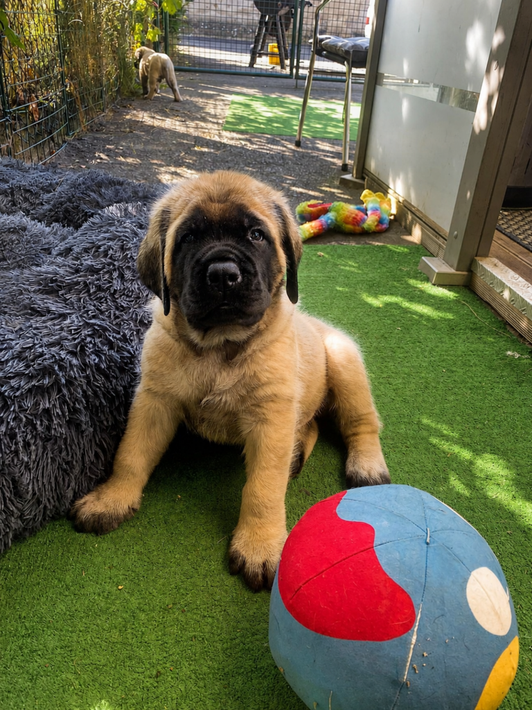 Fawnfarbener English-Mastiff-Welpe sitzt neben einem großen bunten Ball im Garten