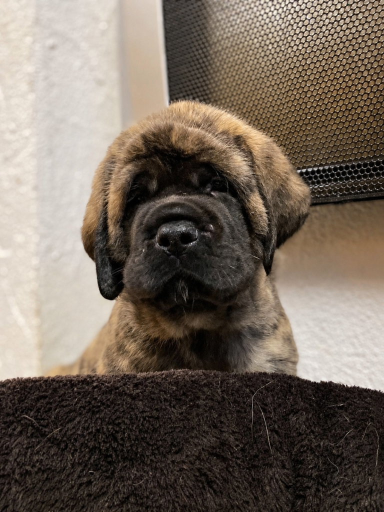 Nahaufnahme eines jungen English-Mastiff-Welpen mit dunkler Maske