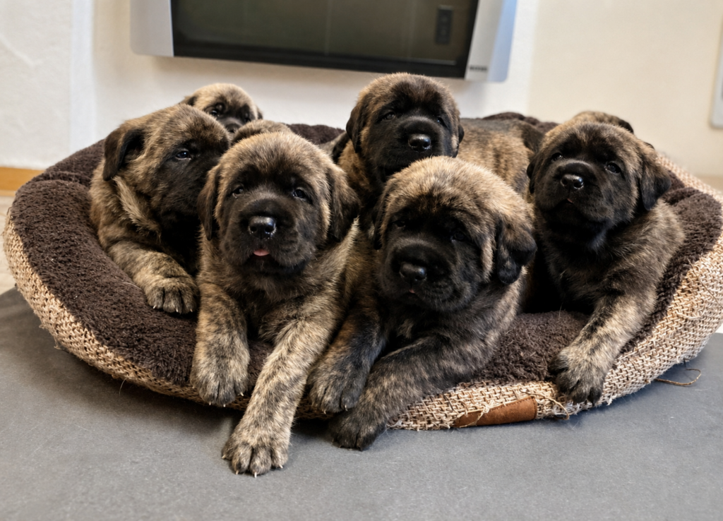 Mehrere gestromte English-Mastiff-Welpen liegen gemeinsam in einem Hundebett.