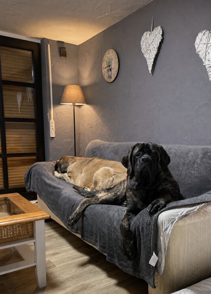 Die English Mastiffs Jule und Holly liegen gemeinsam entspannt auf dem Sofa.