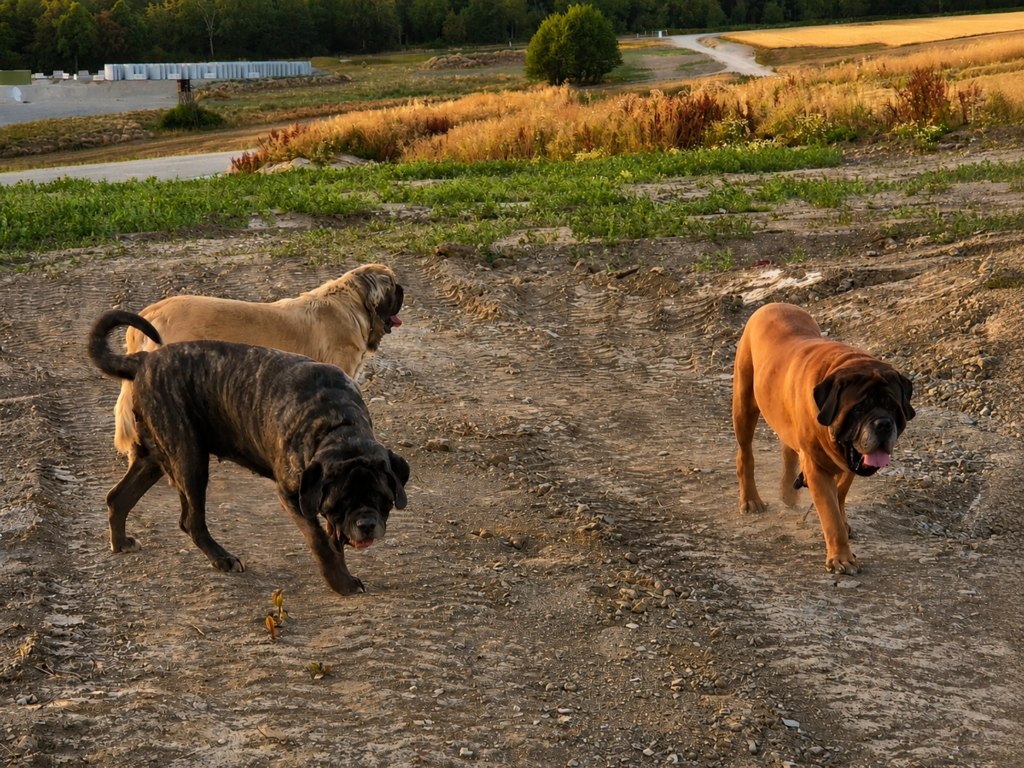 Drei English Mastiffs bei einem gemeinsamen Spaziergang in ländlicher Umgebung