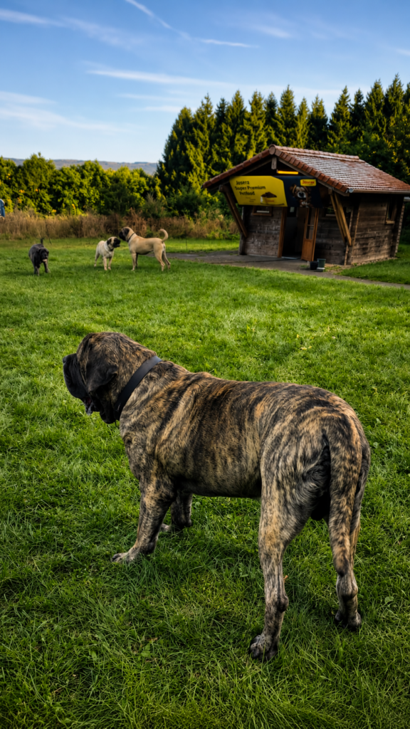 Mehrere English Mastiffs auf der Wiese beim Mastiff- und Mops-Treffen in Rascheid