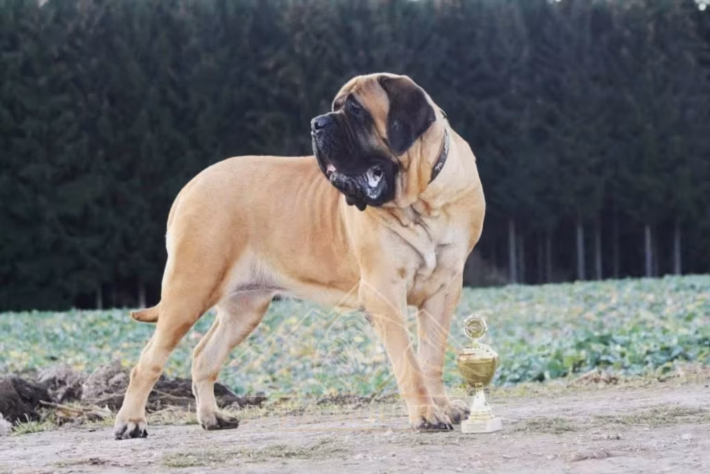 Fawnfarbener English Mastiff mit schwarzer Maske steht neben einem Pokal.