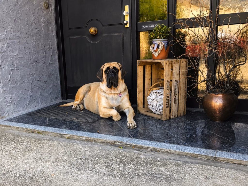 Die fawnfarbene English-Mastiff-Hündin Hollywood liegt entspannt vor der Haustür.