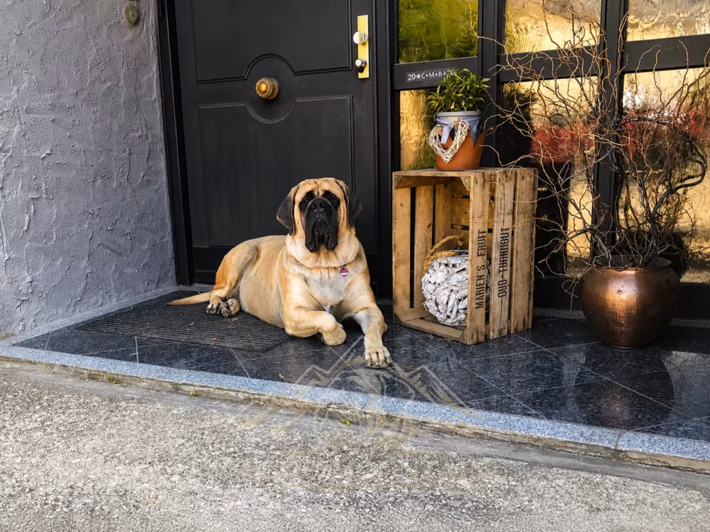 Die fawnfarbene English-Mastiff-Hündin Hollywood liegt entspannt vor der Haustür.