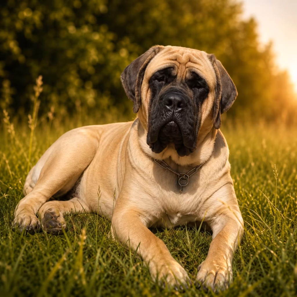 Die fawnfarbene English-Mastiff-Hündin Greta liegt im warmen Abendlicht auf einer grünen Wiese.