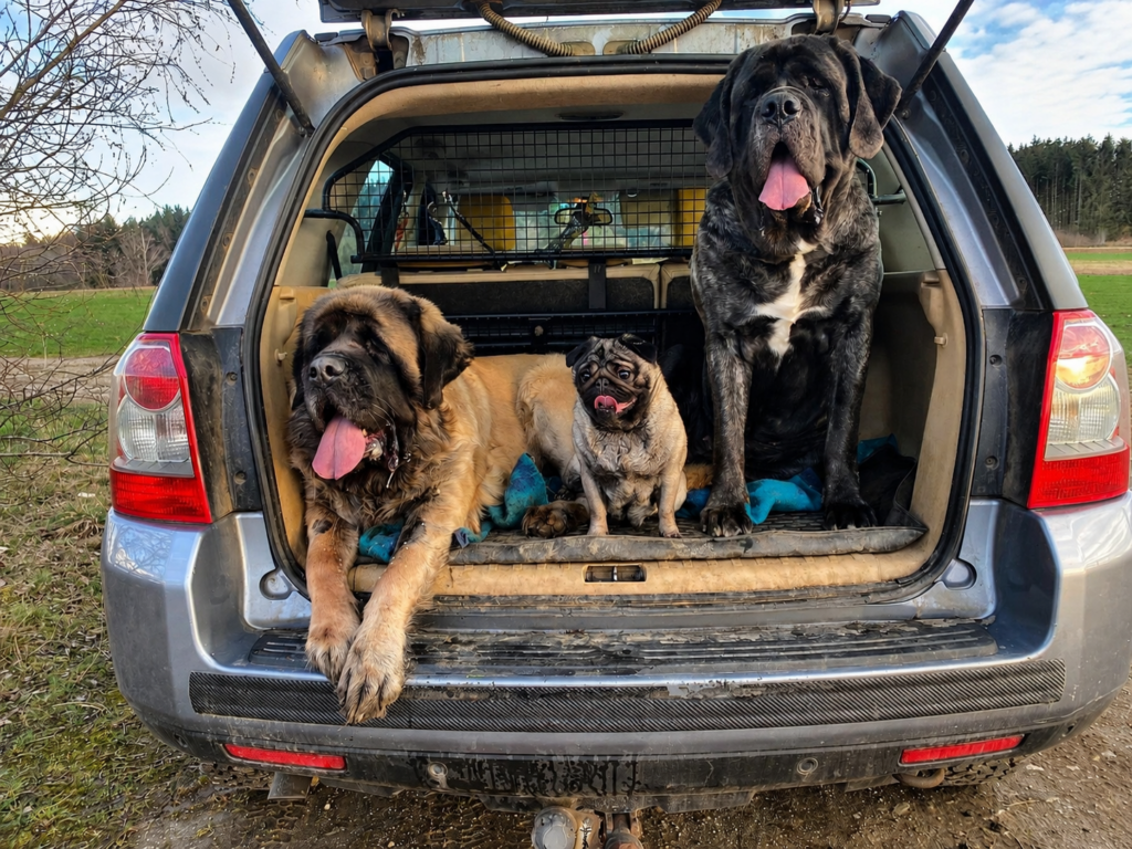 English-Mastiff-Hündinnen Holly und Missi mit Mops Bärbel im geöffneten Kofferraum