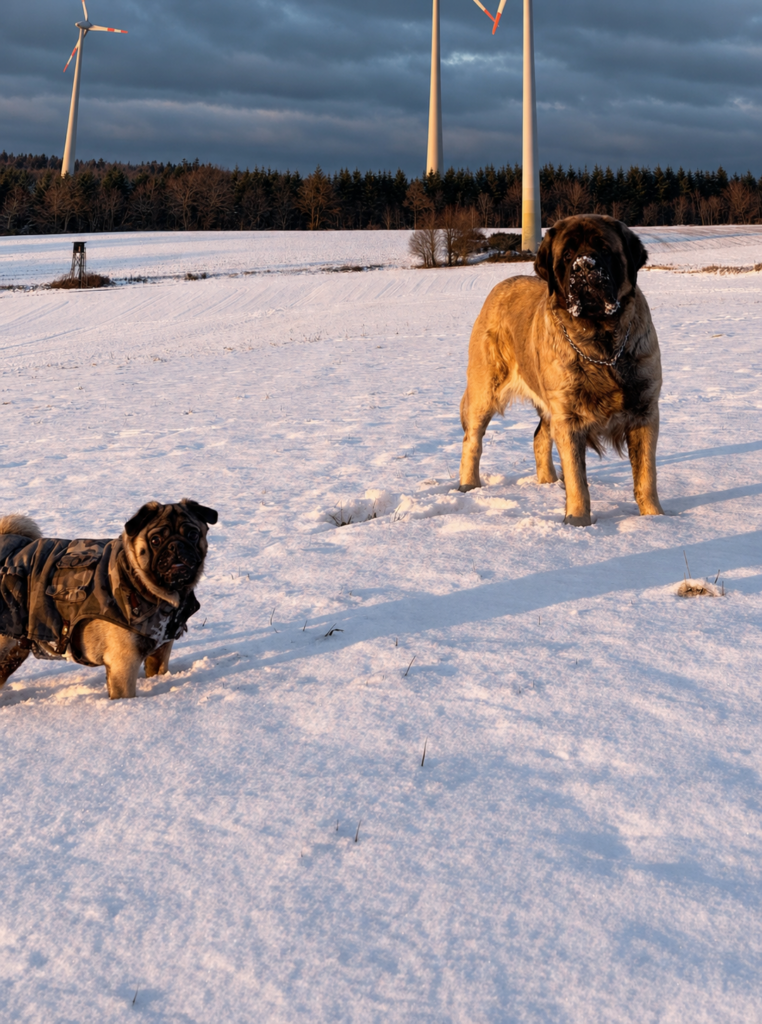 English Mastiff Holly und Mops Bärbel gemeinsam im Schnee bei From the Celtic Mountain