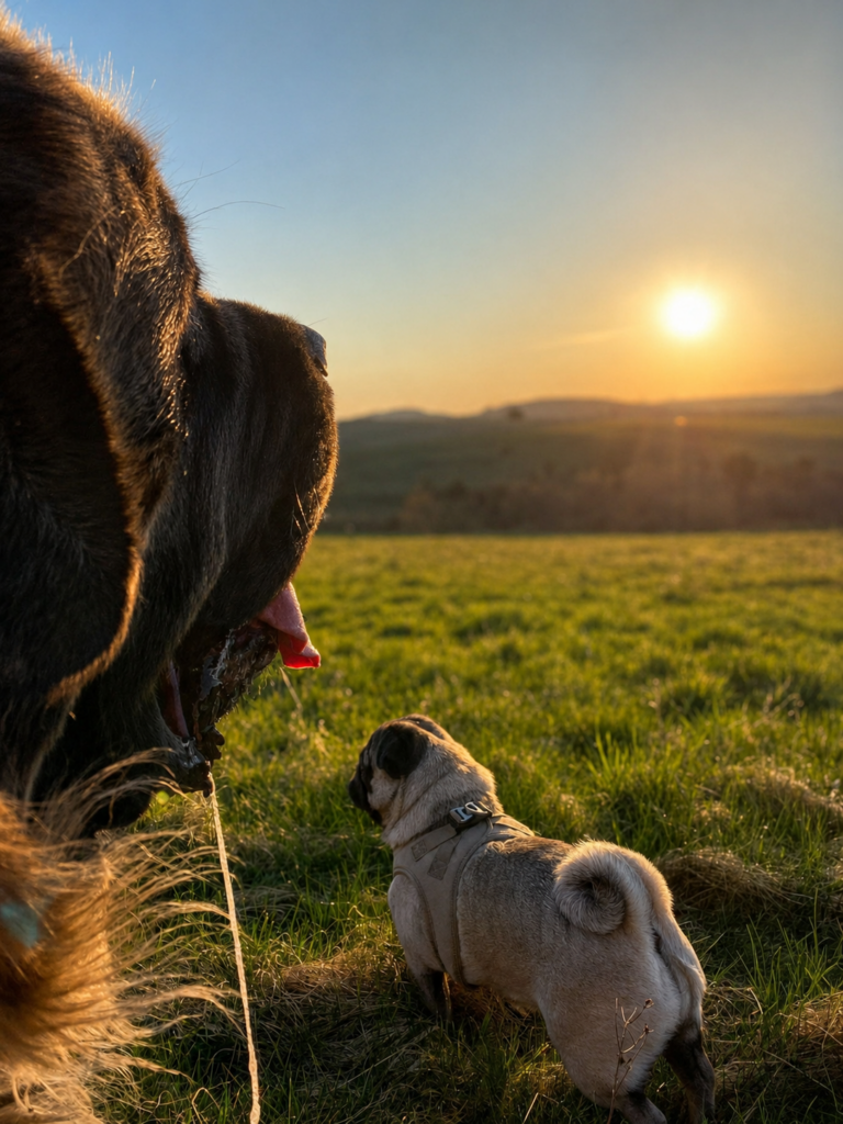 English Mastiff Holly und Mops Bärbel auf einer Wiese beim Sonnenuntergang im Hochwald.