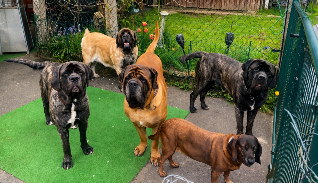 Mehrere English Mastiffs und weitere Hunde stehen gemeinsam im Garten