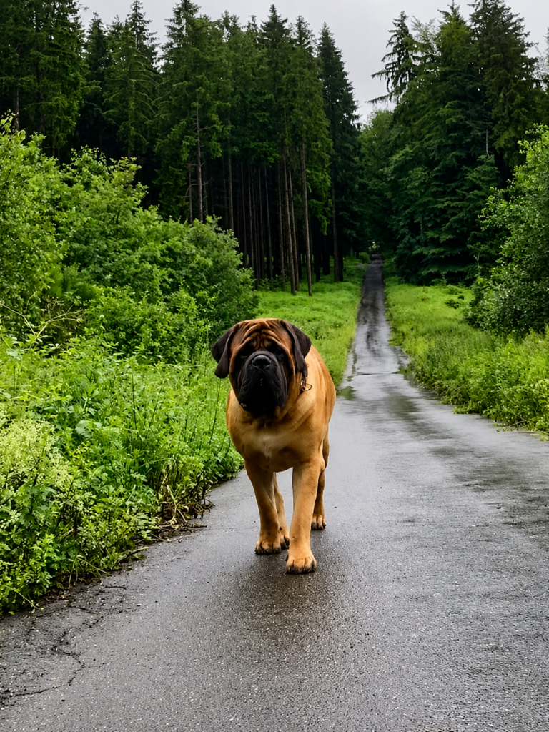English-Mastiff-Rüde Ingo läuft auf einem regennassen Waldweg durch den grünen Wald