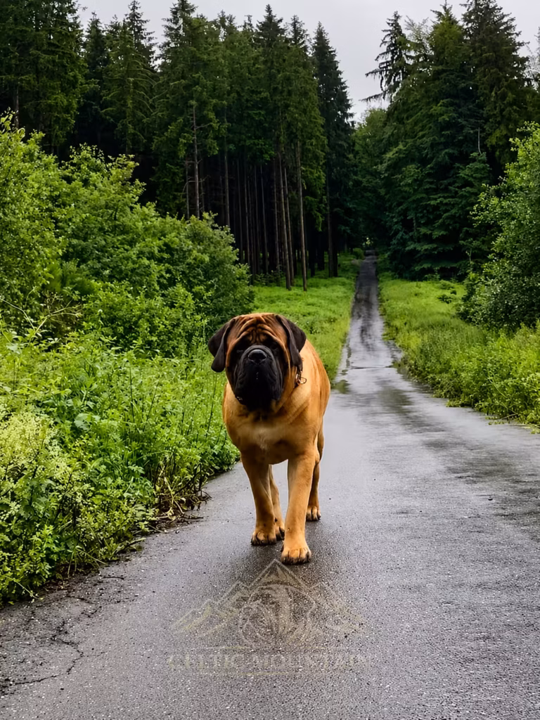 English-Mastiff-Rüde Ingo läuft auf einem regennassen Waldweg durch den grünen Wald