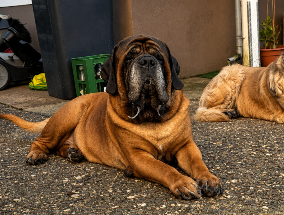 English Mastiff Ingo nach der erfolgreichen Entfernung eines verschluckten Spielzeugs wieder zu Hause