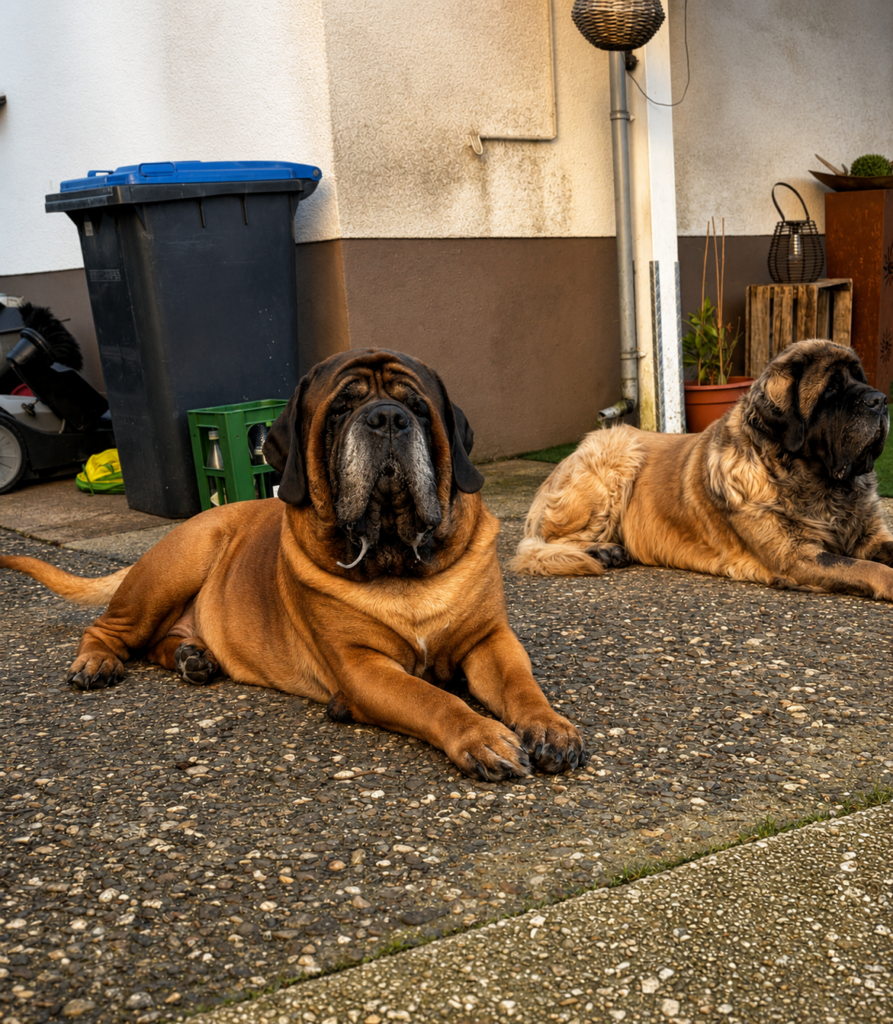 English Mastiff Ingo erholt sich nach dem Eingriff zu Hause neben einem weiteren Mastiff