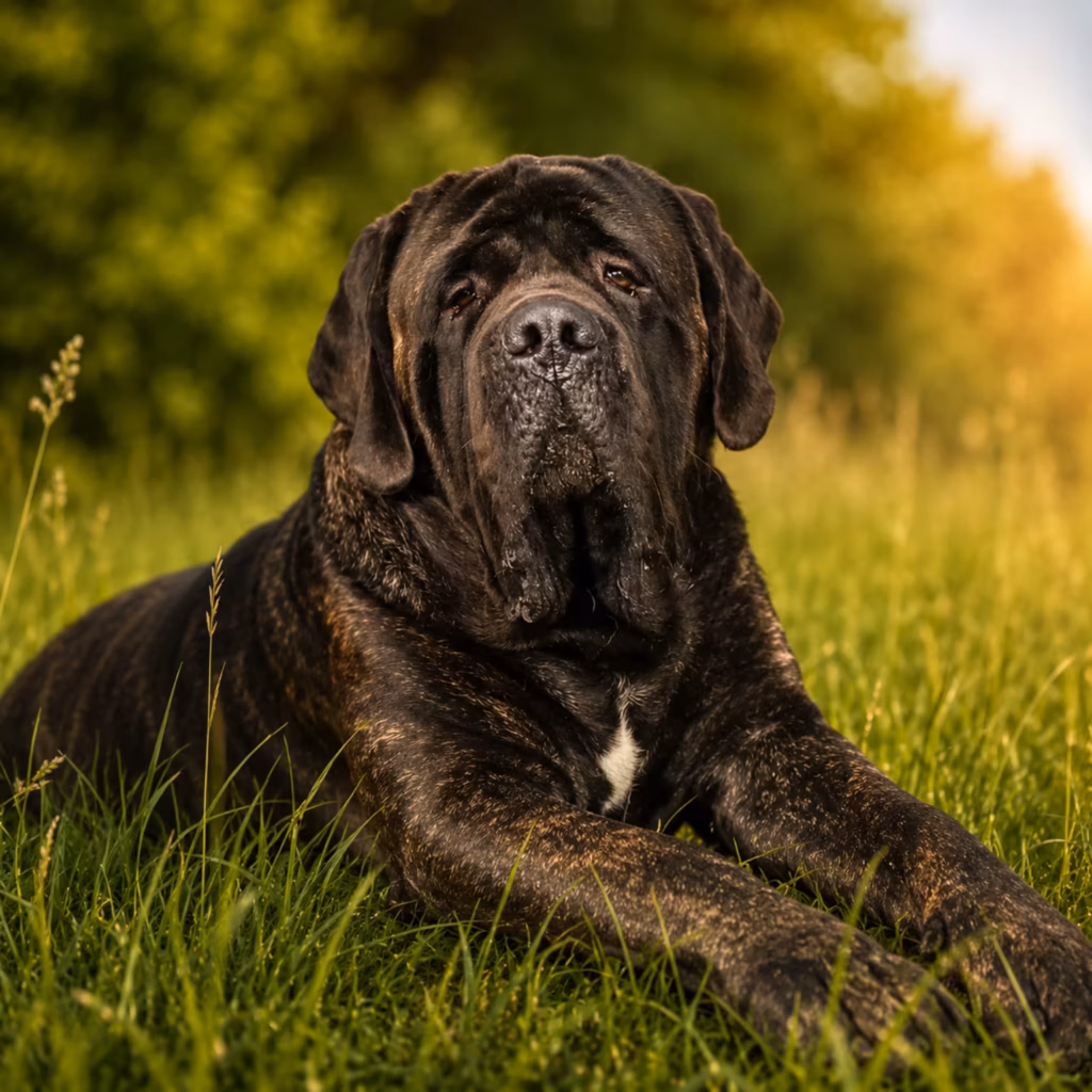 Der gestromte English Mastiff Magnus liegt im warmen Abendlicht auf einer grünen Wiese.