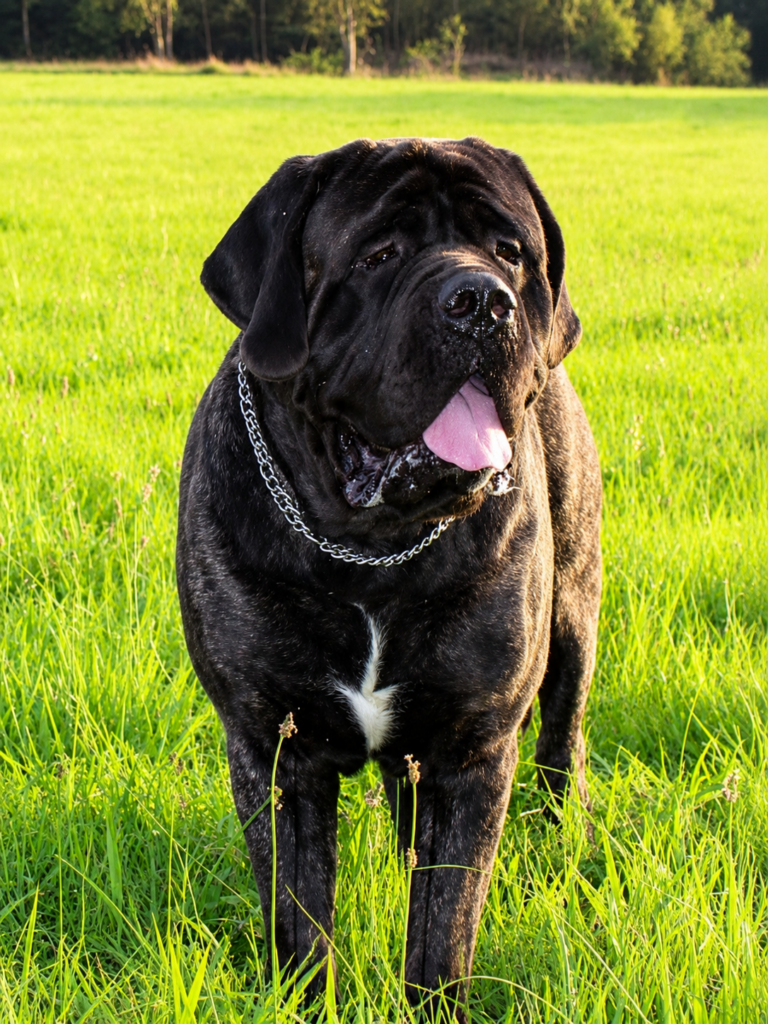 Gestromter English Mastiff Rüde Magnus from the Celtic Mountain auf einer grünen Wiese
