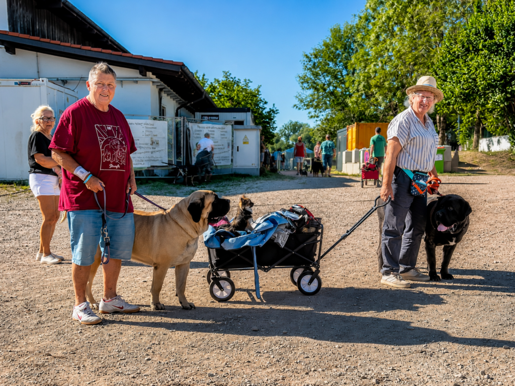 Sybilla Mansfeld mit Greta und Magnus auf dem Ausstellungsgelände in Hallbergmoos