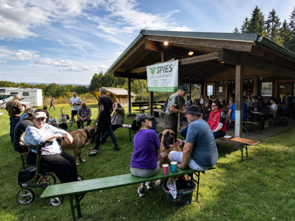Gäste mit Mastiffs und Möpsen beim Mastiff- und Mops-Treffen an der Grillhütte in Rascheid