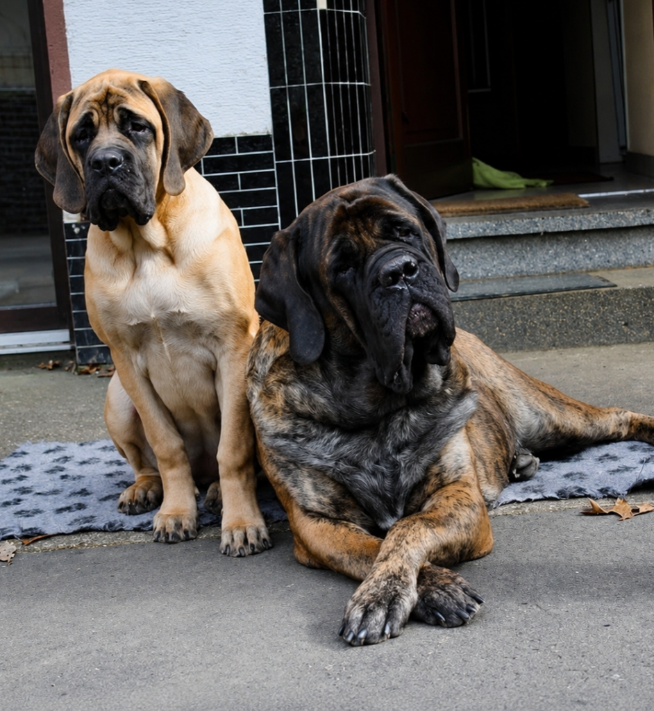 Junger fawnfarbener English-Mastiff-Welpe sitzt neben einem erwachsenen gestromten Mastiff vor der Haustür