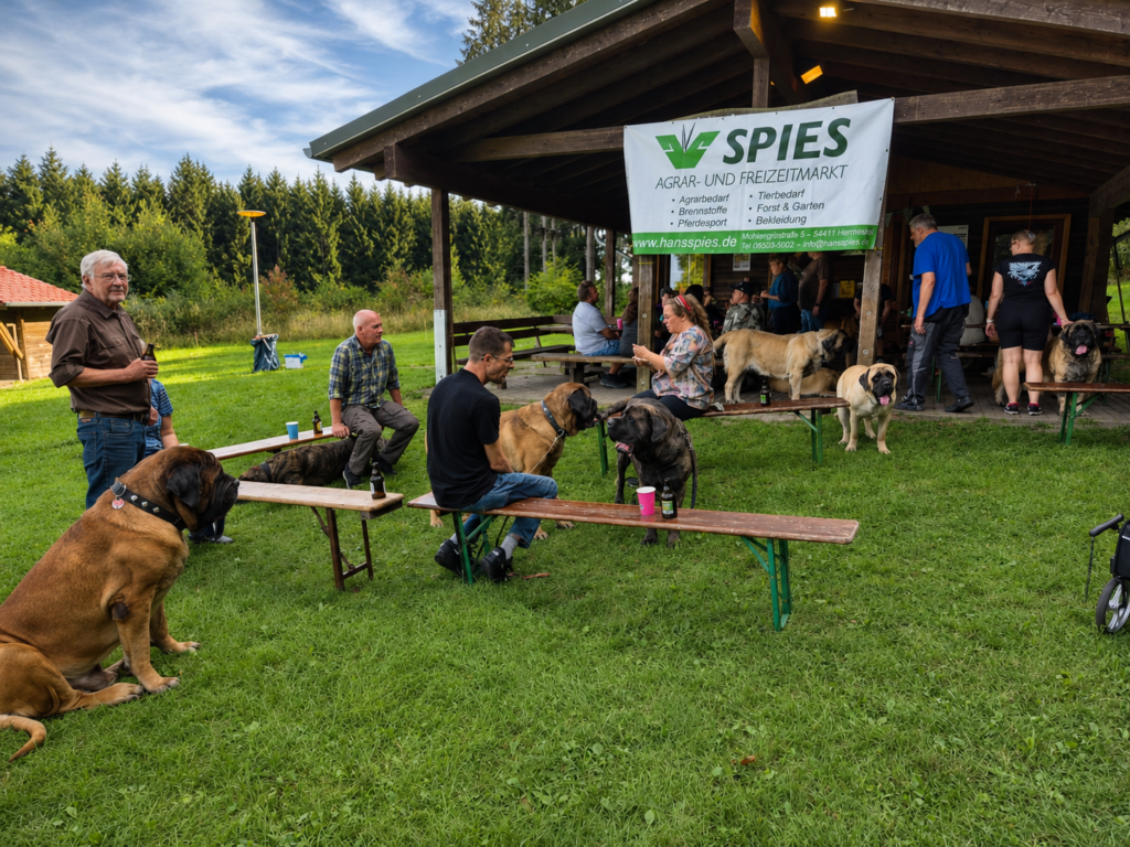 Mehrere English Mastiffs und Gäste vor der Grillhütte beim Hundetreffen in Rascheid