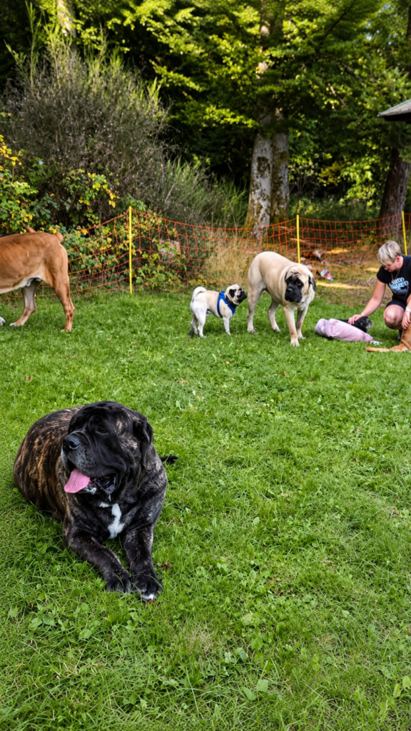 Mastiffs und ein Mops begegnen sich auf der Wiese beim Hundetreffen in Rascheid