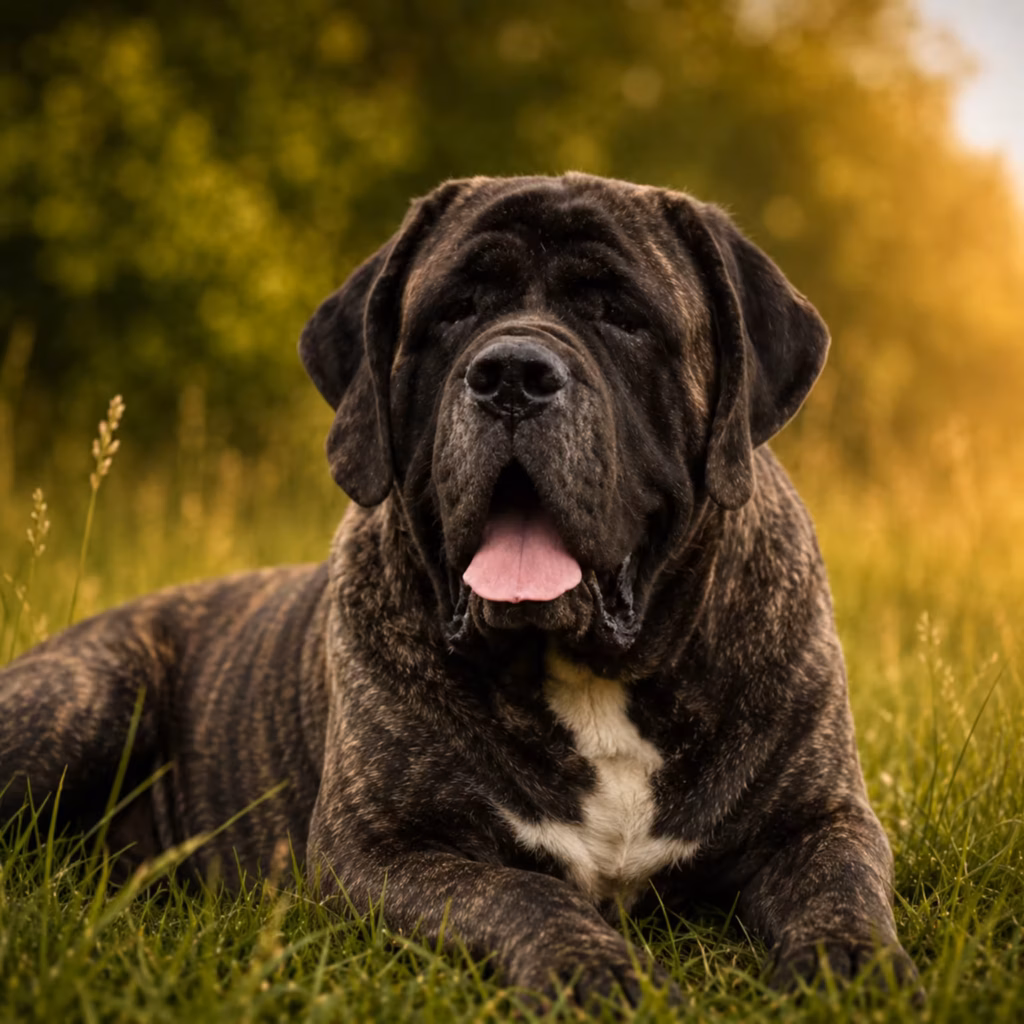 Die gestromte English-Mastiff-Hündin Miss Marple liegt im warmen Abendlicht auf einer grünen Wiese.