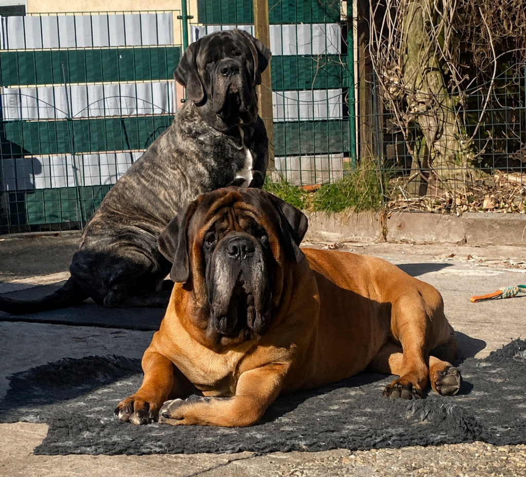 English-Mastiff-Hündin Missi liegt vor dem gestromten English-Mastiff-Rüden Ingo im sonnigen Garten
