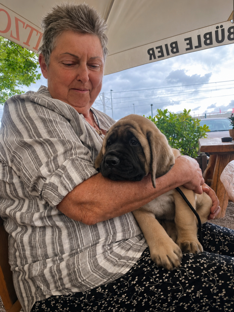 Sybilla hält den jungen English-Mastiff-Welpen Greta auf dem Arm.
