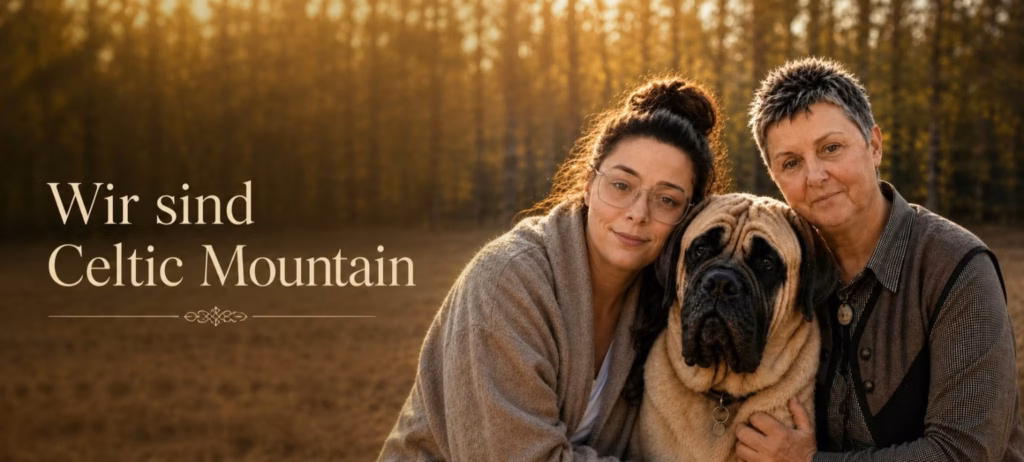 Sybilla und Michelle gemeinsam mit einem English Mastiff im warmen Abendlicht