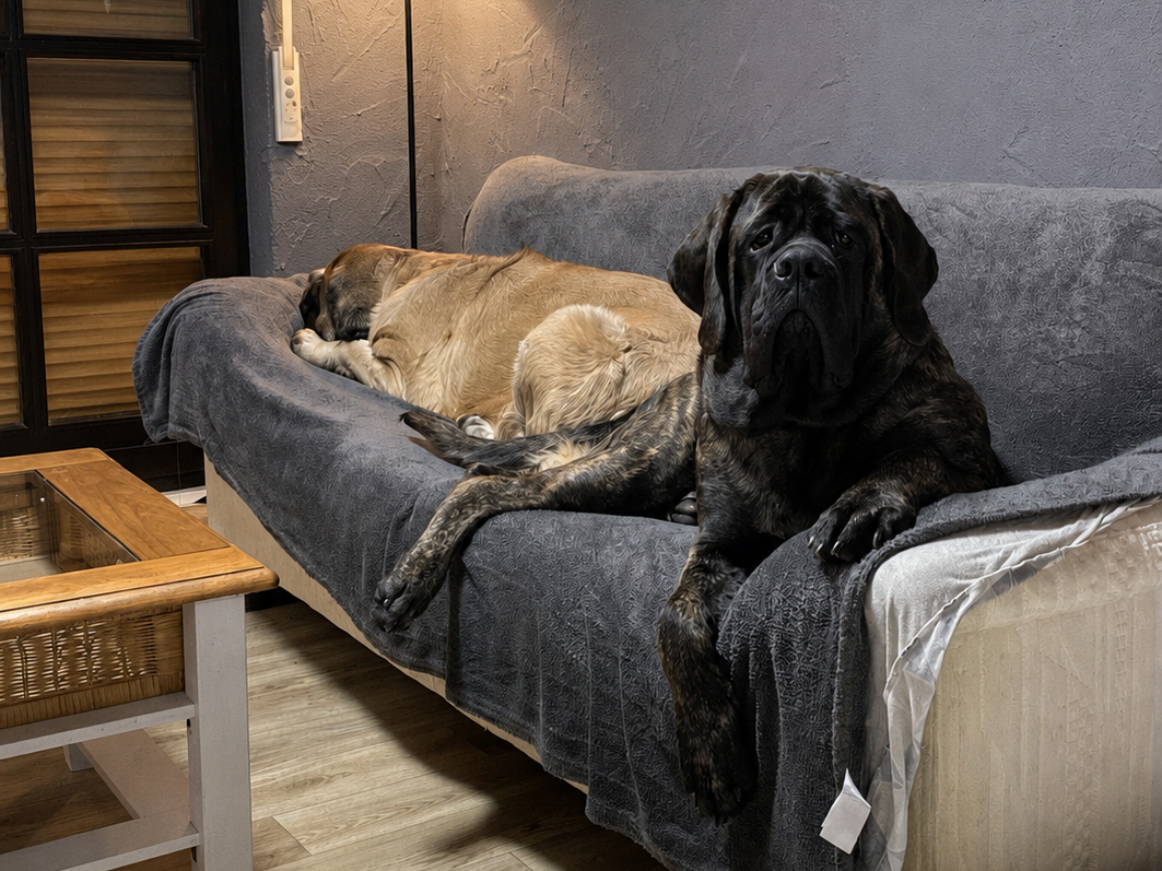 English Mastiffs Jule and Holly relaxing together on the sofa.