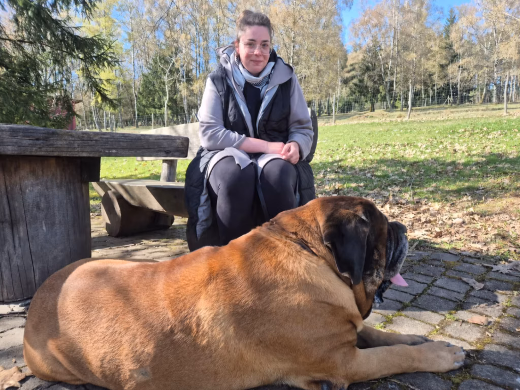 Michelle sitzt mit dem apricotfarbenen English Mastiff Ingo im Wildpark Weiskirchen.