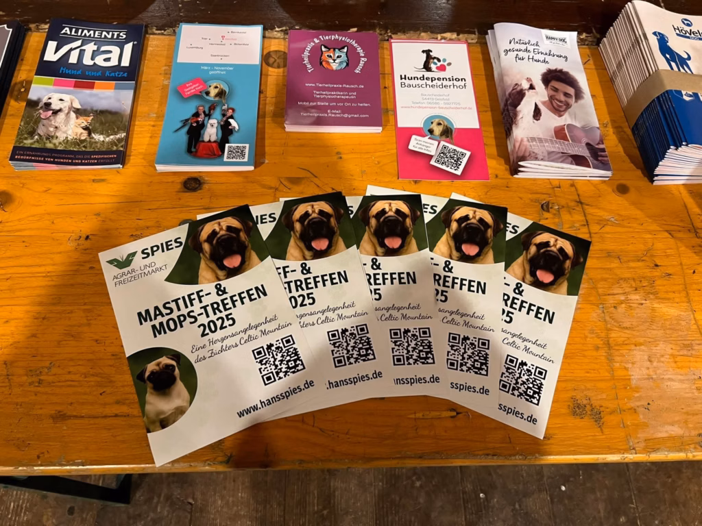 Flyer, Informationsmaterial und Broschüren liegen beim Mastiff-Treffen 2025 auf einem Holztisch.