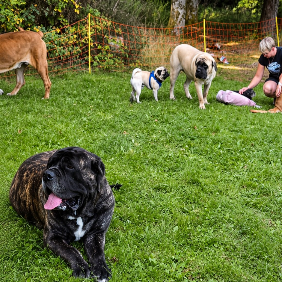 Des Mastiffs et un Carlin se rencontrent dans la prairie lors de la rencontre canine à Rascheid