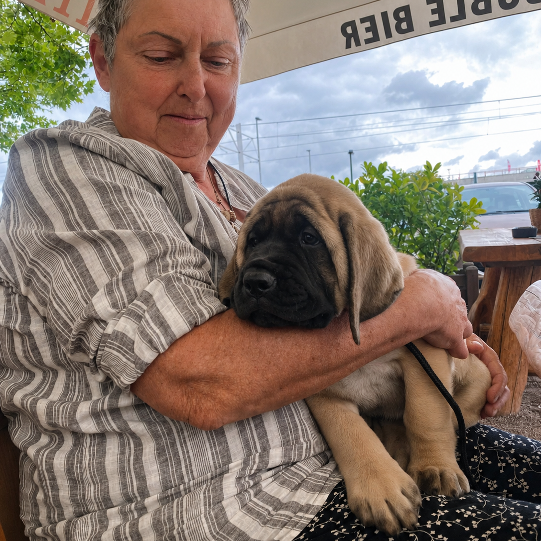 Sybilla tenant Greta encore chiot dans ses bras
