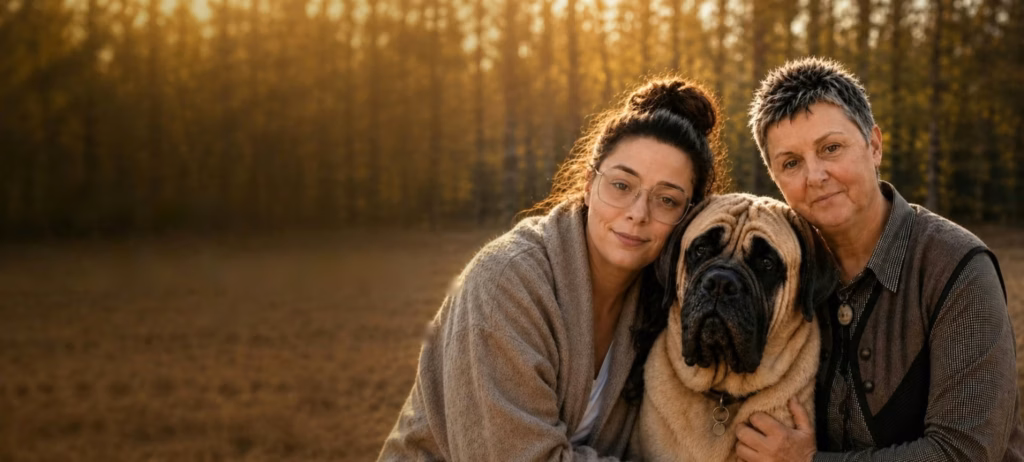 Sybilla und Michelle gemeinsam mit einem English Mastiff im warmen Abendlicht