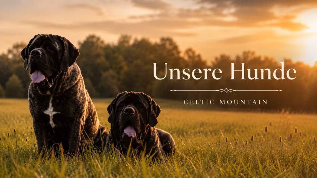 Die English Mastiffs Miss Marple und Magnus gemeinsam im warmen Abendlicht