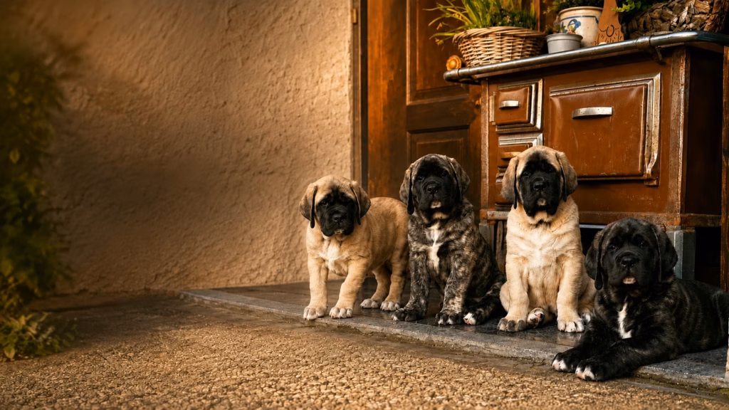 Quatre chiots Mastiff devant l’entrée de la maison