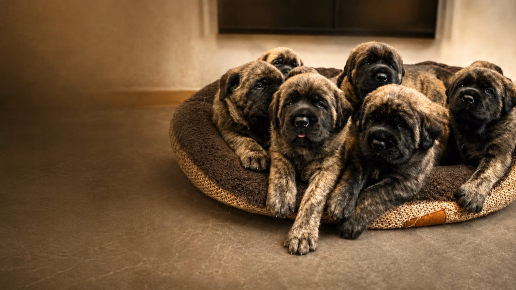 Mehrere English Mastiff Welpen gemeinsam auf einem Hundebett