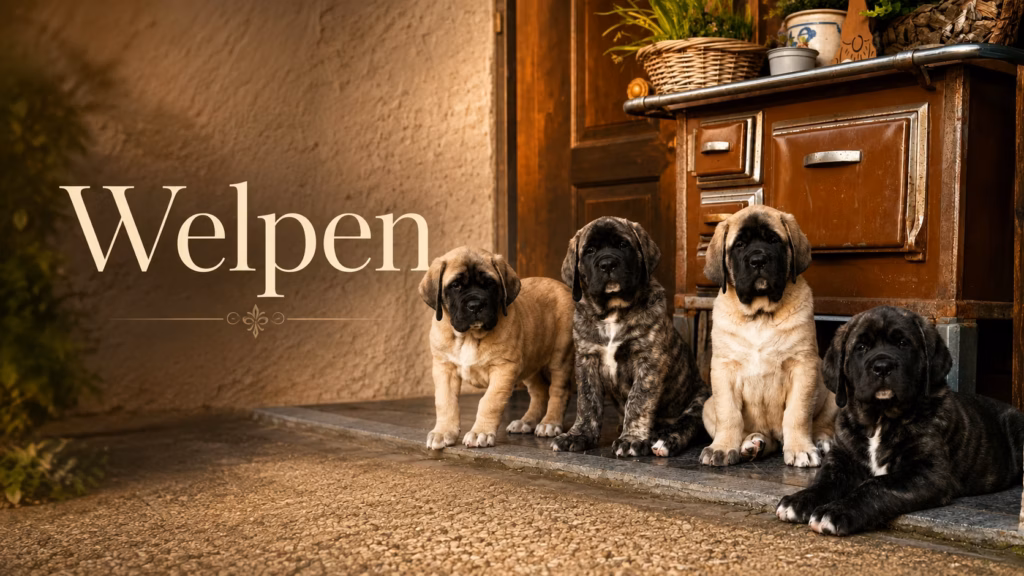 Vier English Mastiff Welpen vor einem rustikalen Hauseingang