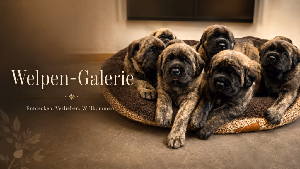 Mehrere English Mastiff Welpen gemeinsam in einem Hundekörbchen