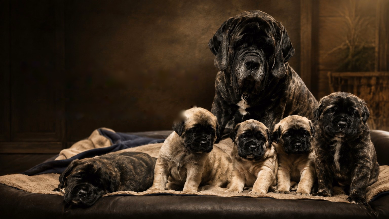 English Mastiff mother with her puppies from the breeding history of From the Celtic Mountain