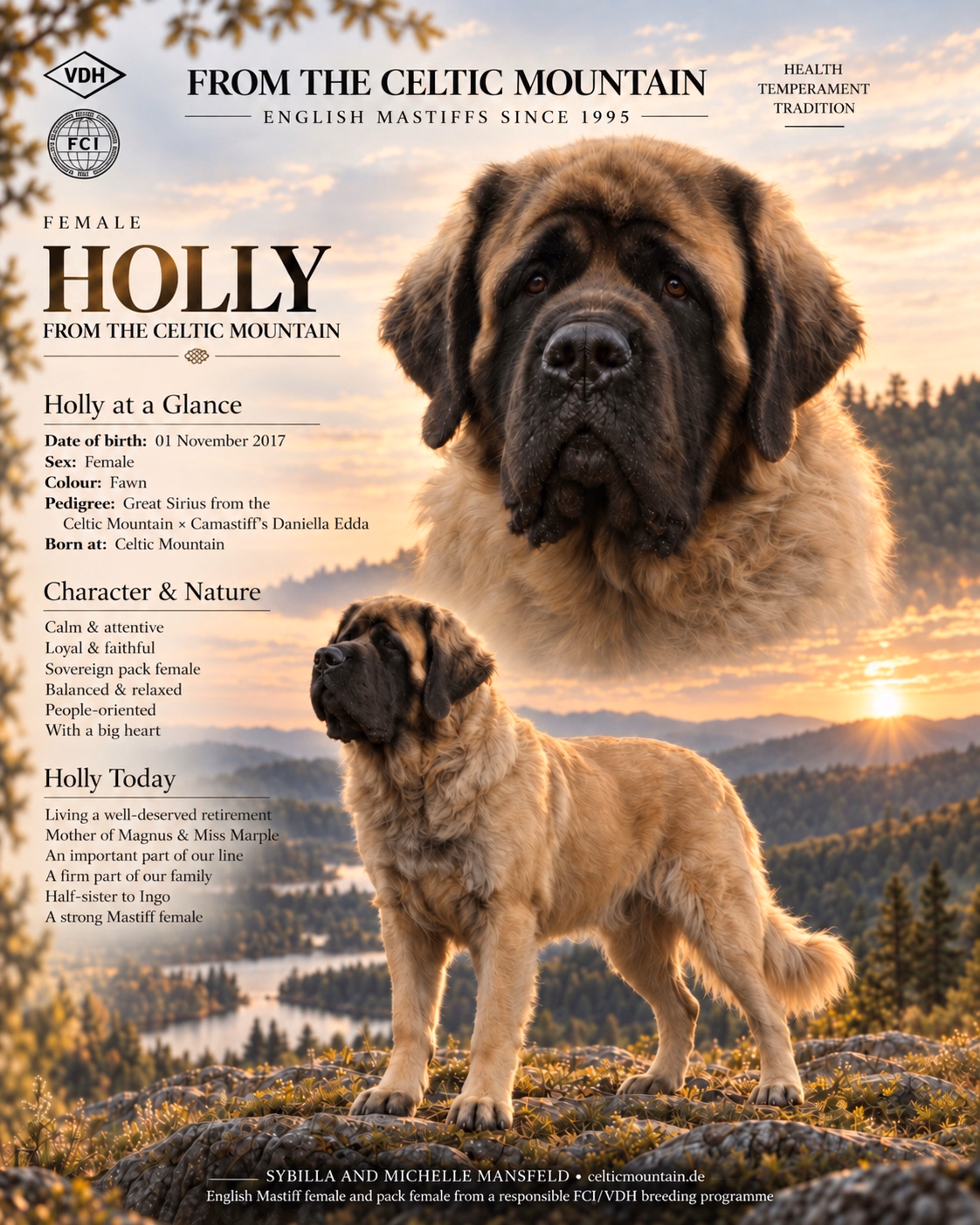 English profile graphic of Holly from the Celtic Mountain, a fawn English Mastiff female, pack leader and mother of Magnus and Miss Marple