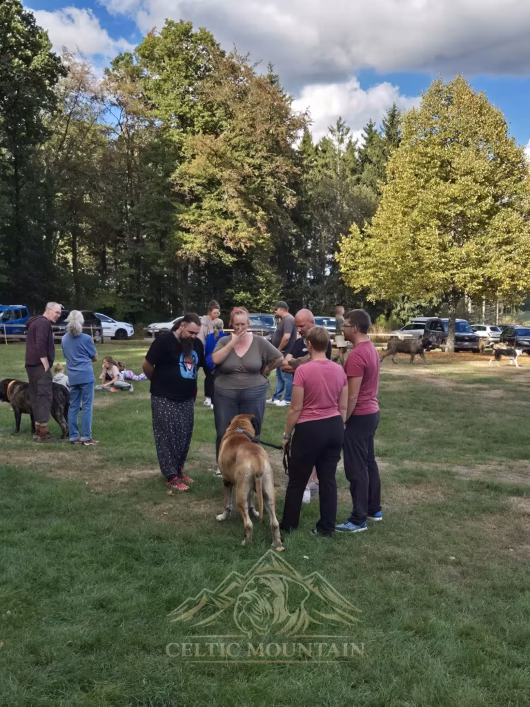 Mehrere Gäste stehen mit einem hellen Mastiff auf der Wiese; weitere Gruppen sind im Hintergrund zu sehen.